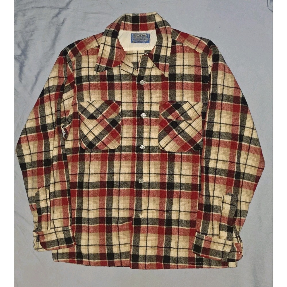 Pendleton Board Shirt Men's M Plaid Wool Flannel Long Sleeve Loop Collar